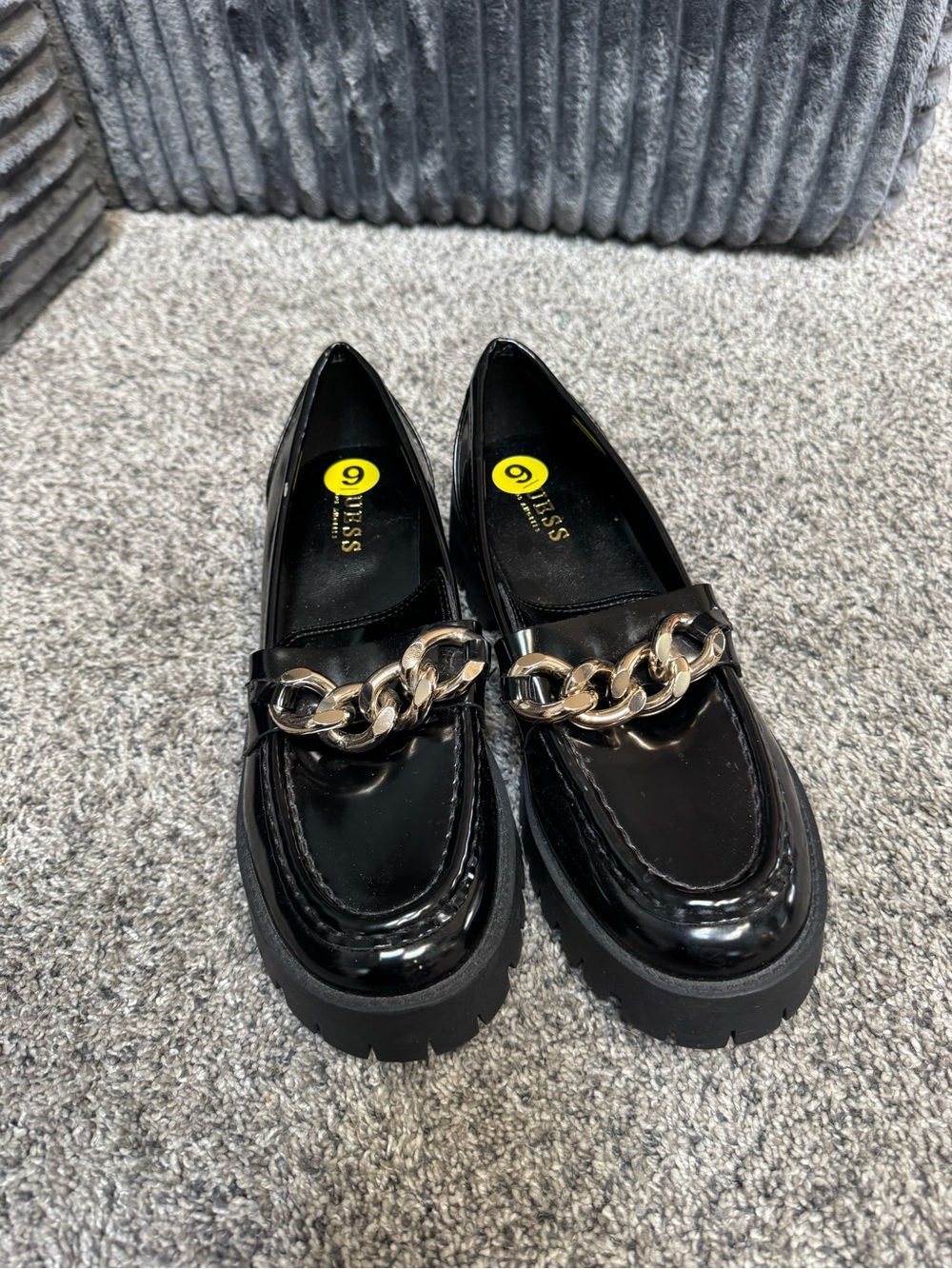 GUESS Black Patent Loafers with Gold Chain Detail